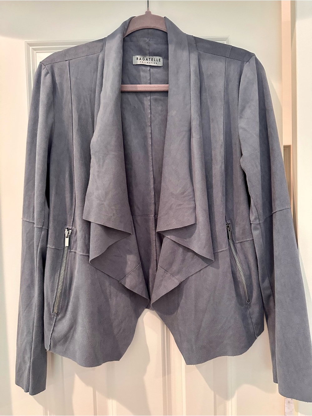 Bagatelle Collection Faux Suede Soft Draped Open Front Jacket in Dusty Blue-Gray